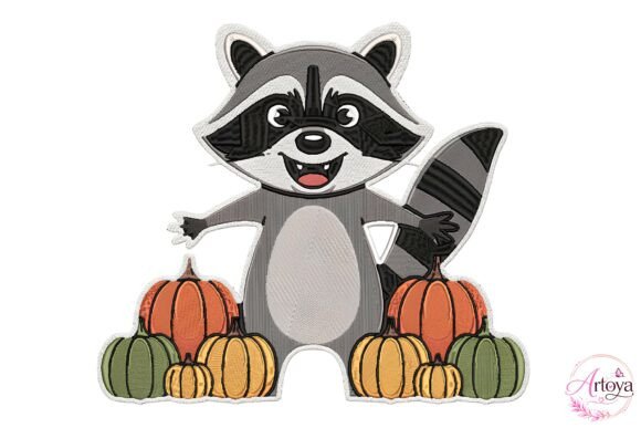 Cute Raccoon Pumpkin Embroidery Design