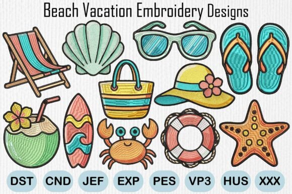 Summer Beach Vacation Embroidery Designs
